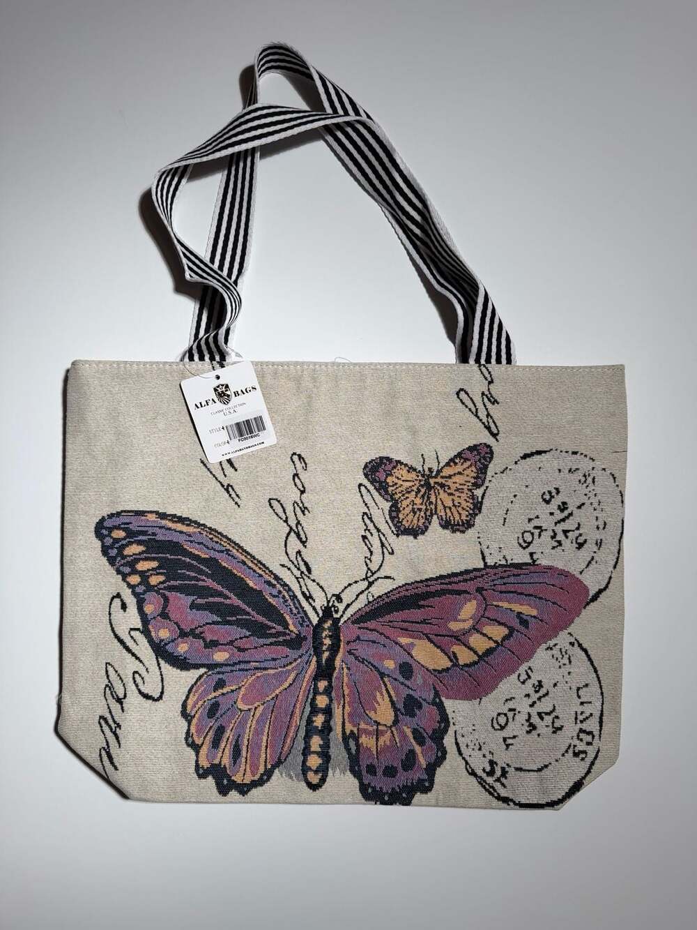 Alfa Bags Butterfly Tapestry Tote Bag FC0016WC Black and White Striped Straps